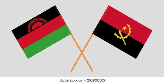 Banderas cruzadas de Malawi y Angola. Colores oficiales. Proporción correcta
