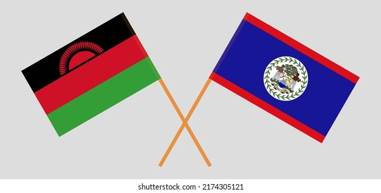 Crossed flags of Malawi and Belize. Official colors. Correct proportion. Vector illustration
