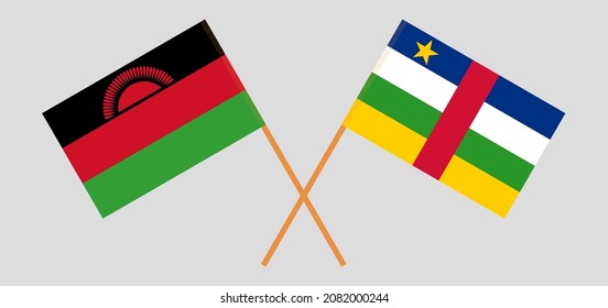 Gekreuzte Flaggen Malawis und der Zentralafrikanischen Republik. Offizielle Farben. Richtiger Anteil