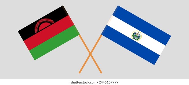 Crossed flags of Malawi and El Salvador. Official colors. Correct proportion. Vector illustration
