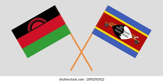 Crossed flags of Malawi and Eswatini. Official colors. Correct proportion
