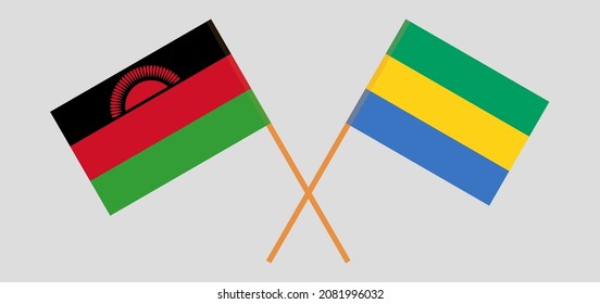 Banderas cruzadas de Malawi y Gabón. Colores oficiales. Proporción correcta