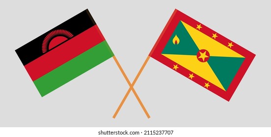 Crossed flags of Malawi and Grenada. Official colors. Correct proportion. Vector illustration
