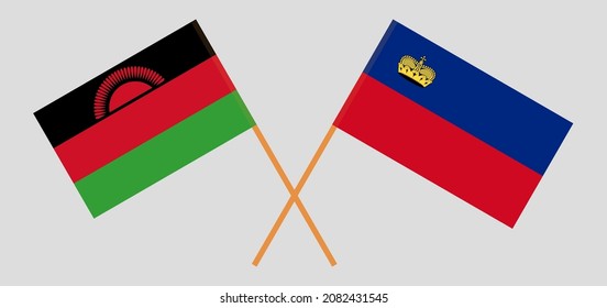 Crossed flags of Malawi and Liechtenstein. Official colors. Correct proportion