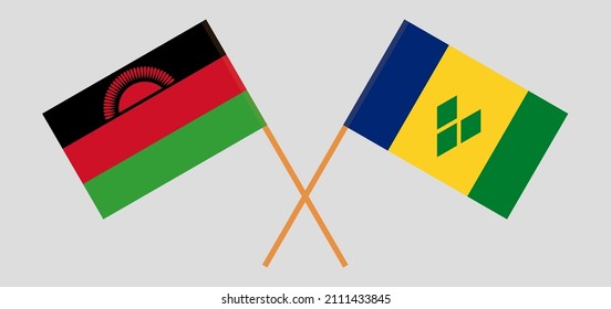 Überquerte Flaggen von Malawi und St. Vincent und die Grenadinen. Offizielle Farben. Richtiger Anteil. Vektorgrafik
