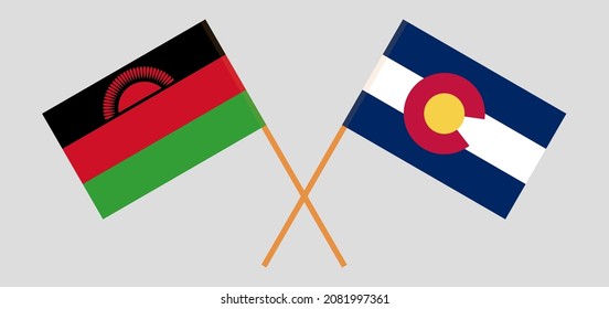 Crossed flags of Malawi and The State of Colorado. Official colors. Correct proportion