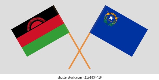 Banderas cruzadas de Malawi y el Estado de Nevada. Colores oficiales. Proporción correcta. Ilustración del vector
