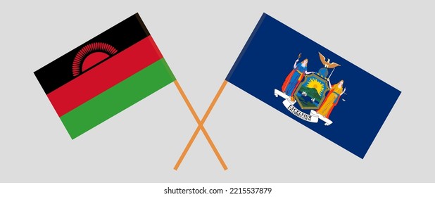 Überquerte Flaggen von Malawi und dem Staat New York. Offizielle Farben. Richtiger Anteil. Vektorgrafik
