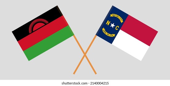Crossed flags of Malawi and The State of North Carolina. Official colors. Correct proportion. Vector illustration
