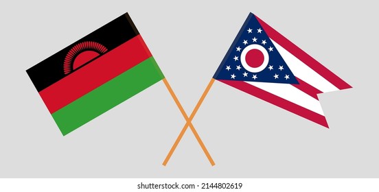 Crossed flags of Malawi and the State of Ohio. Official colors. Correct proportion. Vector illustration
