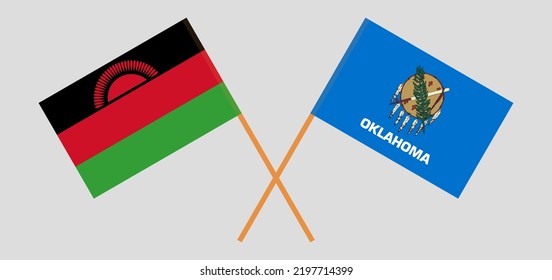 Crossed flags of Malawi and The State of Oklahoma. Official colors. Correct proportion. Vector illustration
