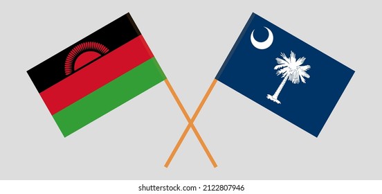 Banderas cruzadas de Malawi y el estado de Carolina del Sur. Colores oficiales. Proporción correcta. Ilustración del vector
