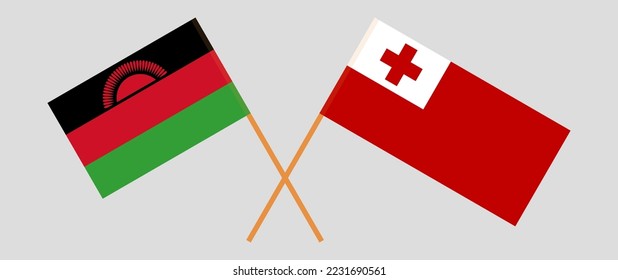 Crossed flags of Malawi and Tonga. Official colors. Correct proportion. Vector illustration
