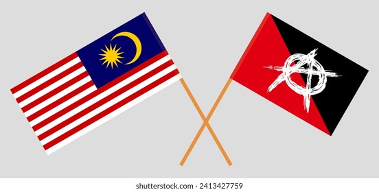 Crossed flags of Malaysia and anarchy. Official colors. Correct proportion. Vector illustration
