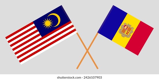 Crossed flags of Malaysia and Andorra. Official colors. Correct proportion. Vector illustration
