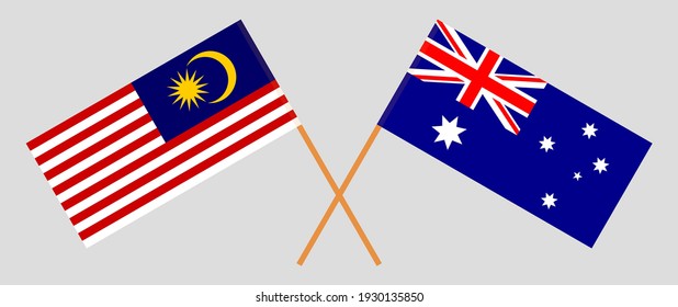 Crossed flags of Malaysia and Australia. Official colors. Correct proportion