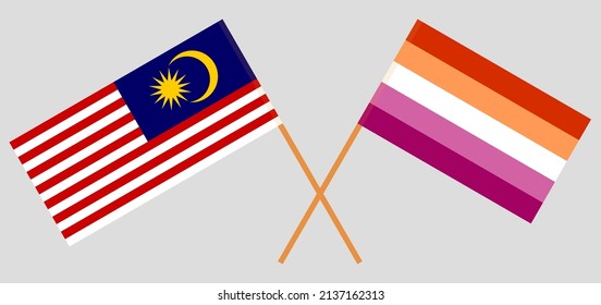 Überkreuzte Flaggen von Malaysia und Lesbian Pride. Offizielle Farben. Richtiger Anteil. Vektorgrafik
