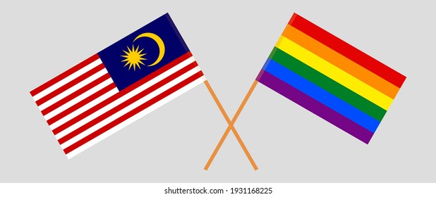 Crossed flags of Malaysia and LGBTQ. Official colors. Correct proportion