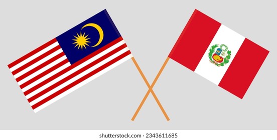 Crossed flags of Malaysia and Peru. Official colors. Correct proportion. Vector illustration
