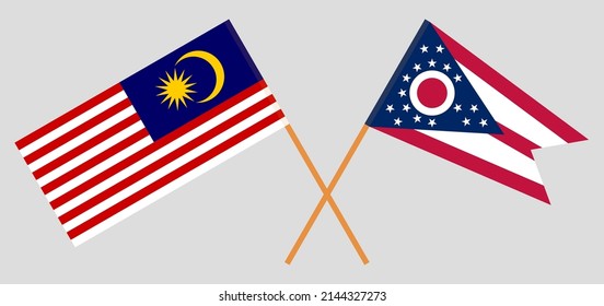 Crossed flags of Malaysia and the State of Ohio. Official colors. Correct proportion. Vector illustration
