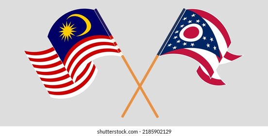Banderas cruzadas de Malasia y el estado de Ohio. Colores oficiales. Proporción correcta. Ilustración del vector
