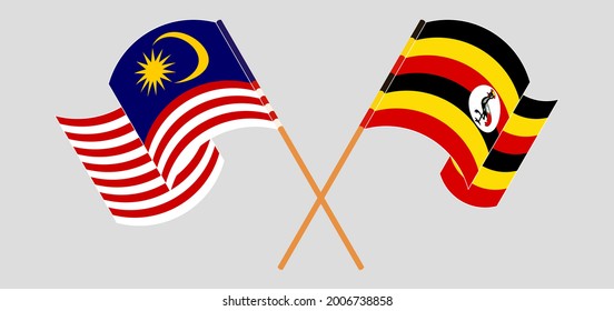 Banderas cruzadas de Malasia y Uganda. Colores oficiales. Proporción correcta