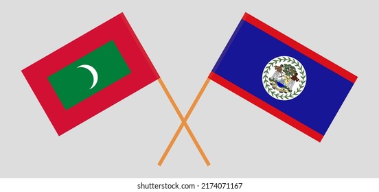 Banderas cruzadas de Maldivas y Belice. Colores oficiales. Proporción correcta. Ilustración del vector
