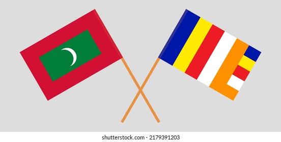 Crossed flags of Maldives and Buddhism. Official colors. Correct proportion. Vector illustration
