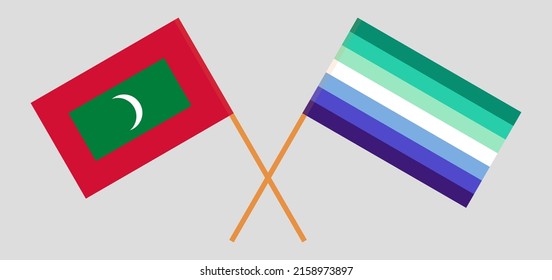 Crossed flags of Maldives and gay men pride. Official colors. Correct proportion. Vector illustration
