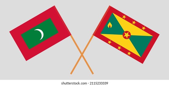 Crossed flags of Maldives and Grenada. Official colors. Correct proportion. Vector illustration

