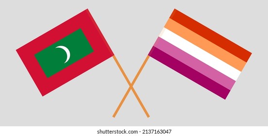 Banderas cruzadas de Maldivas y Orgullo Lesbiano. Colores oficiales. Proporción correcta. Ilustración del vector
