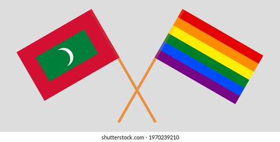 Crossed flags of Maldives and LGBTQ. Official colors. Correct proportion