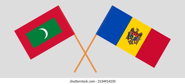 Crossed flags of Maldives and Moldova. Official colors. Correct proportion. Vector illustration
