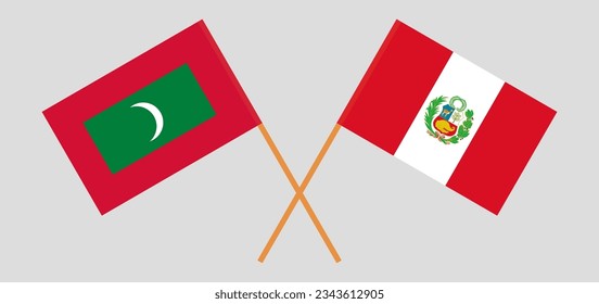 Crossed flags of Maldives and Peru. Official colors. Correct proportion. Vector illustration
