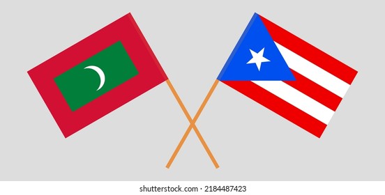 Crossed flags of Maldives and Puerto Rico. Official colors. Correct proportion. Vector illustration
