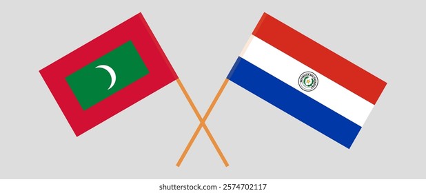 Crossed flags of Maldives and Republic of Paraguay. Official colors. Correct proportion. Vector illustration.
