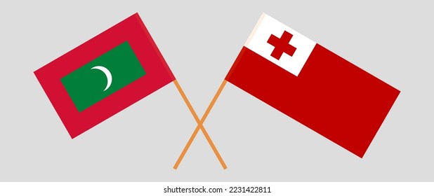 Crossed flags of Maldives and Tonga. Official colors. Correct proportion. Vector illustration
