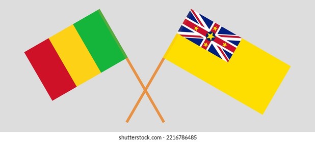 Crossed flags of Mali and Niue. Official colors. Correct proportion. Vector illustration
