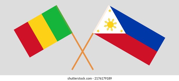 Banderas cruzadas de Mali y Filipinas. Colores oficiales. Proporción correcta. Ilustración del vector
