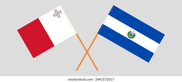 Crossed flags of Malta and El Salvador. Official colors. Correct proportion. Vector illustration
