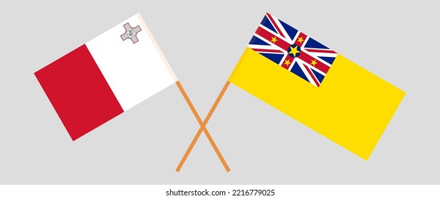Crossed flags of Malta and Niue. Official colors. Correct proportion. Vector illustration
