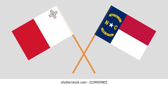 Crossed flags of Malta and The State of North Carolina. Official colors. Correct proportion. Vector illustration
