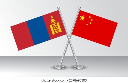 Crossed flags of Mangolia and China. Official colors. Correct proportion. Banner design