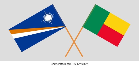 Crossed flags of Marshall Islands and Benin. Official colors. Correct proportion. Vector illustration

