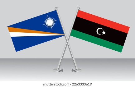 Banderas cruzadas de las Islas Marshall y Libia. Colores oficiales. Proporción correcta. Diseño de pancartas
