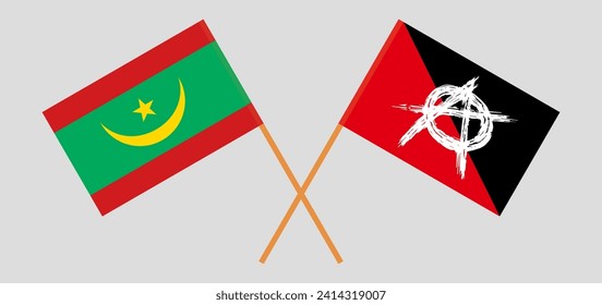 Crossed flags of Mauritania and anarchy. Official colors. Correct proportion. Vector illustration
