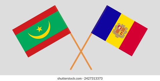 Crossed flags of Mauritania and Andorra. Official colors. Correct proportion. Vector illustration
