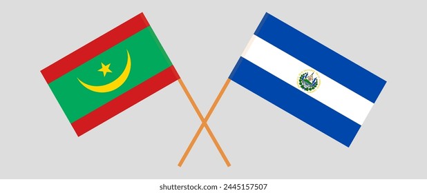 Crossed flags of Mauritania and El Salvador. Official colors. Correct proportion. Vector illustration
