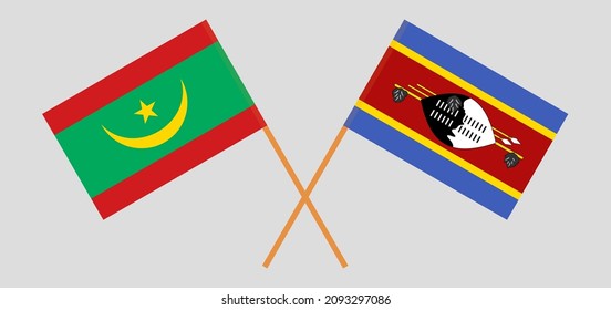 Crossed flags of Mauritania and Eswatini. Official colors. Correct proportion