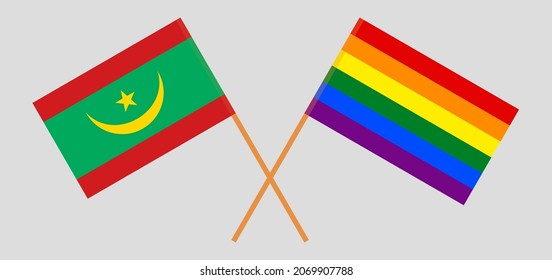 Crossed flags of Mauritania and LGBTQ. Official colors. Correct proportion